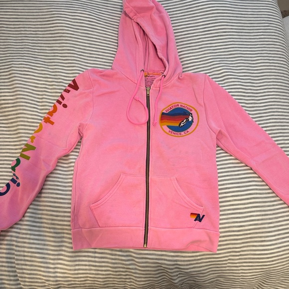 Aviator Nation Sweaters - Aviator Nation Pink Zip Hoodie with Rainbow Logo